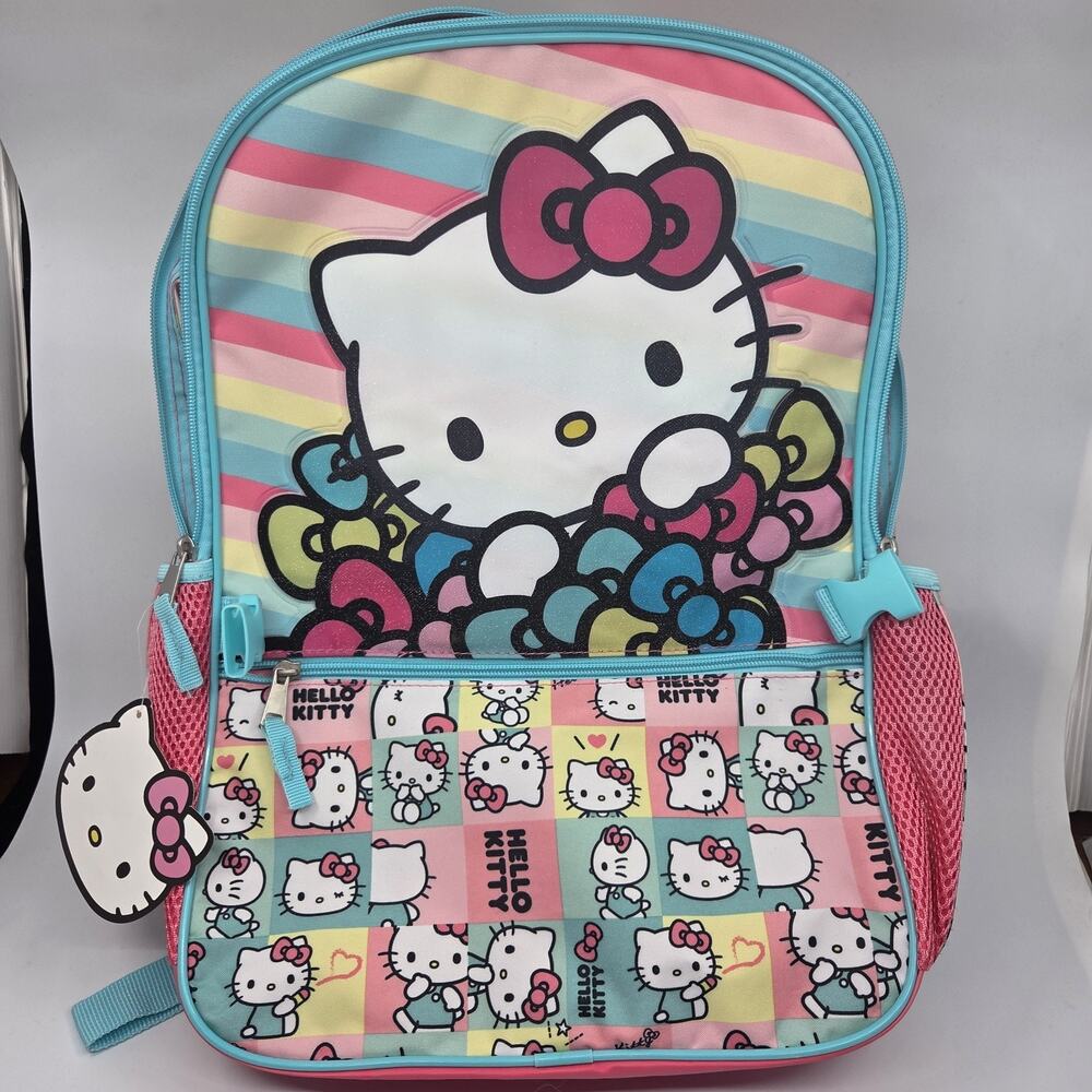 Hello Kitty Sanrio Kids Backpack Rainbow Bows School Book Bag NWT 18" Pink Aqua